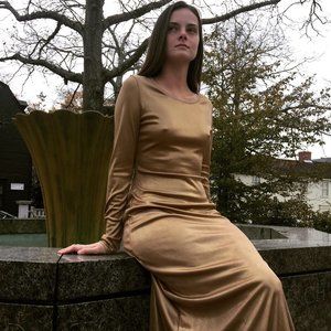 Long Elegant Gold Max Azria Dress with Perfect Draping